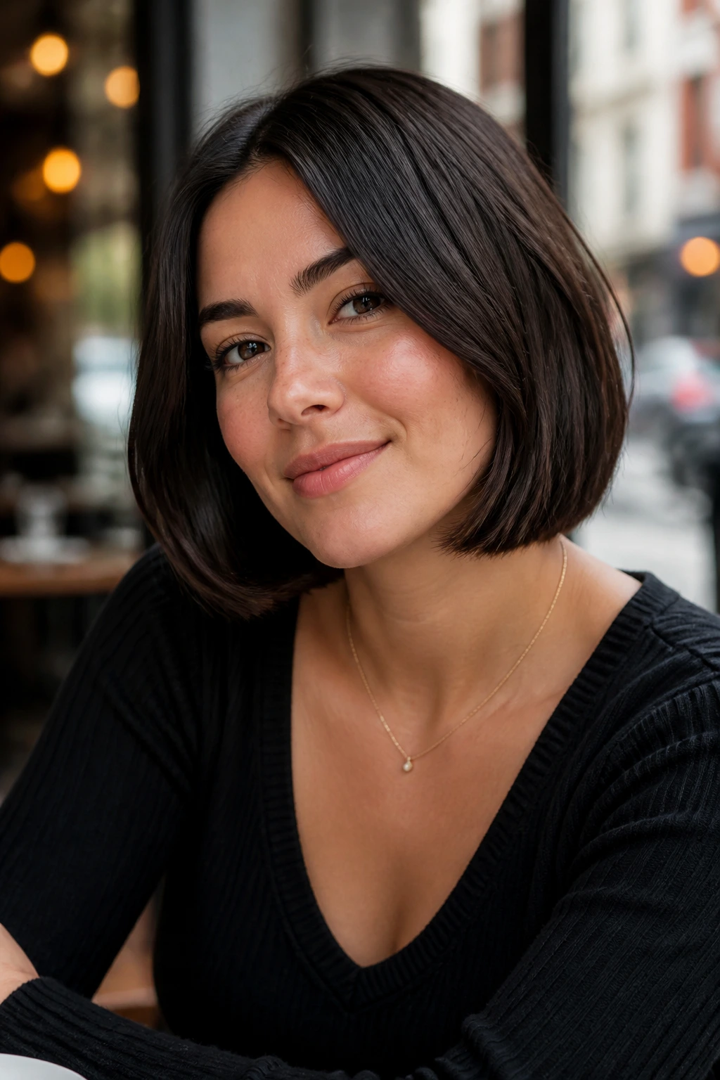 Close-up portrait of a woman with a neck-length bob just below the jaw