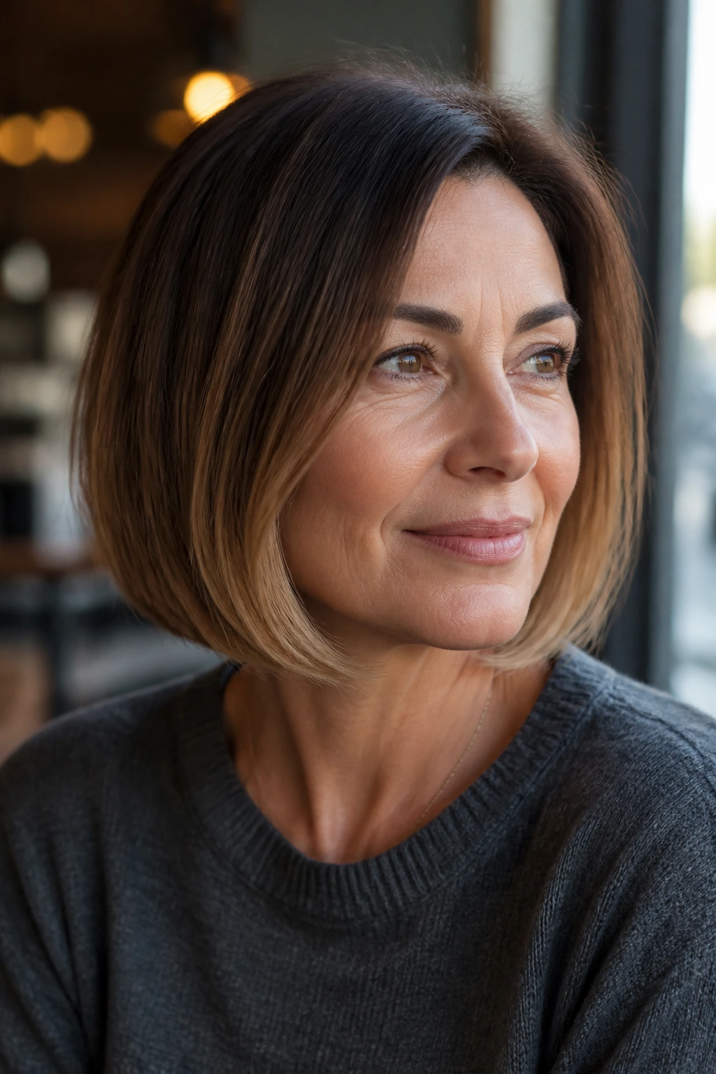 Close-up of a real woman with neck-length bob and light caramel ends.