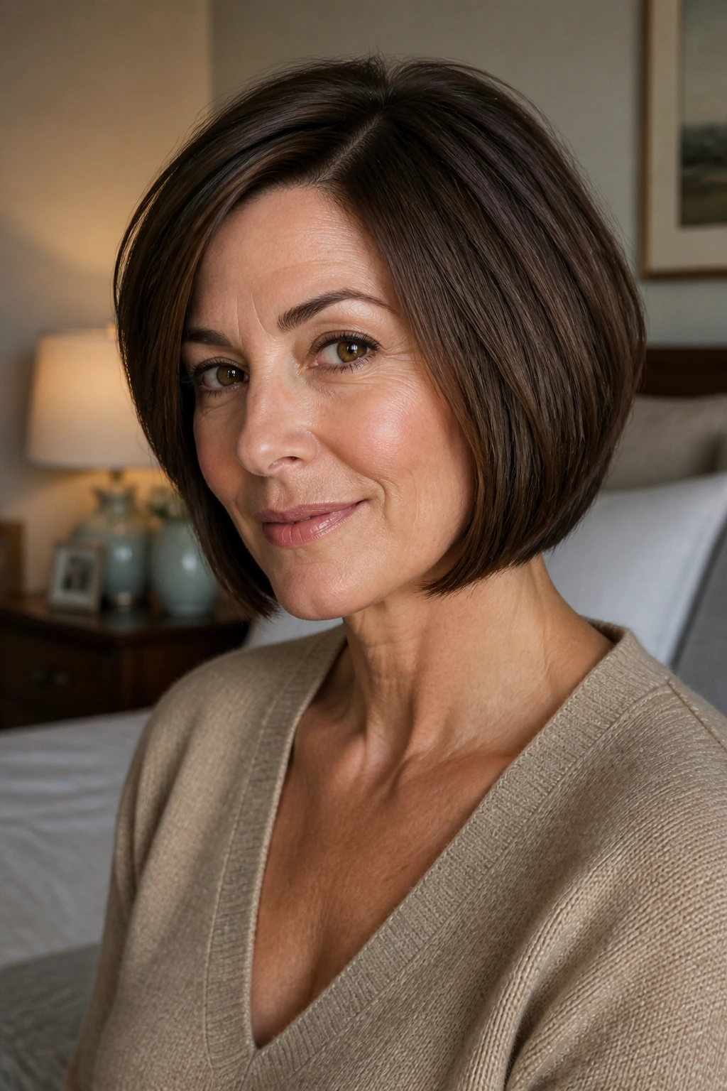Close-up portrait of a real woman with neck-length bob showing crisp neckline and thick hair
