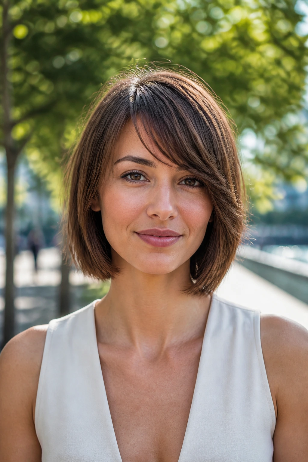Real woman with neck-length bob and side bangs in park light