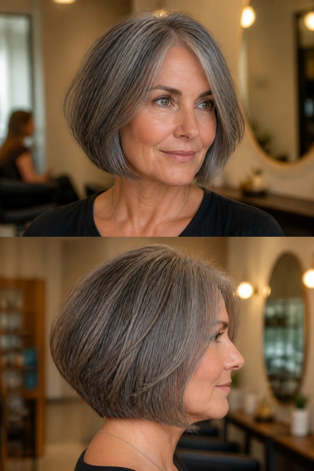 Real person with neck-length bob showing weight distribution for thick hair.