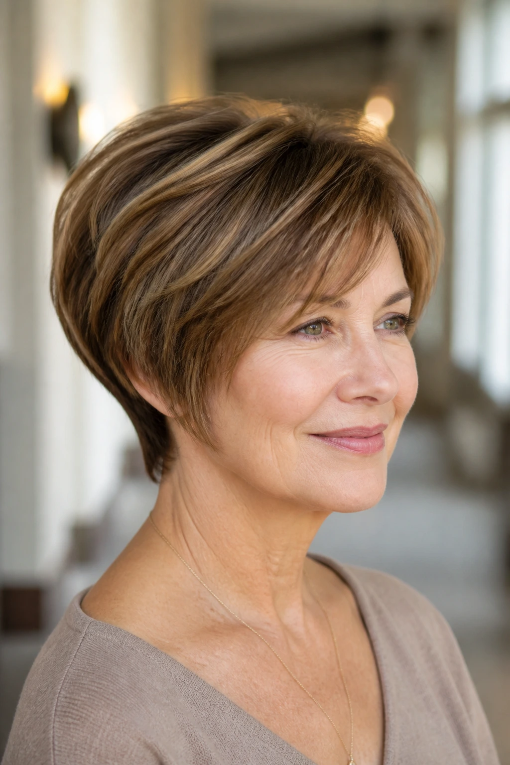 Portrait of a real woman with a tapered neck-length cut and bronze veils.