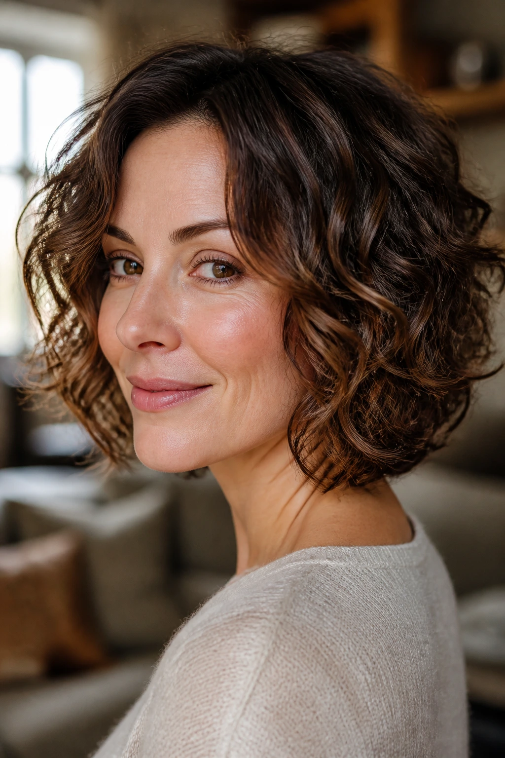 Close-up portrait of neck-length loose curls on a real woman's fine hair.