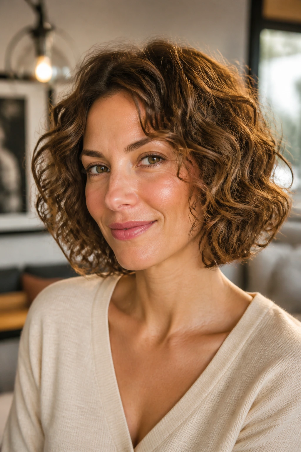 Close-up of a real person with neck-length curls demonstrating added shape in fine hair