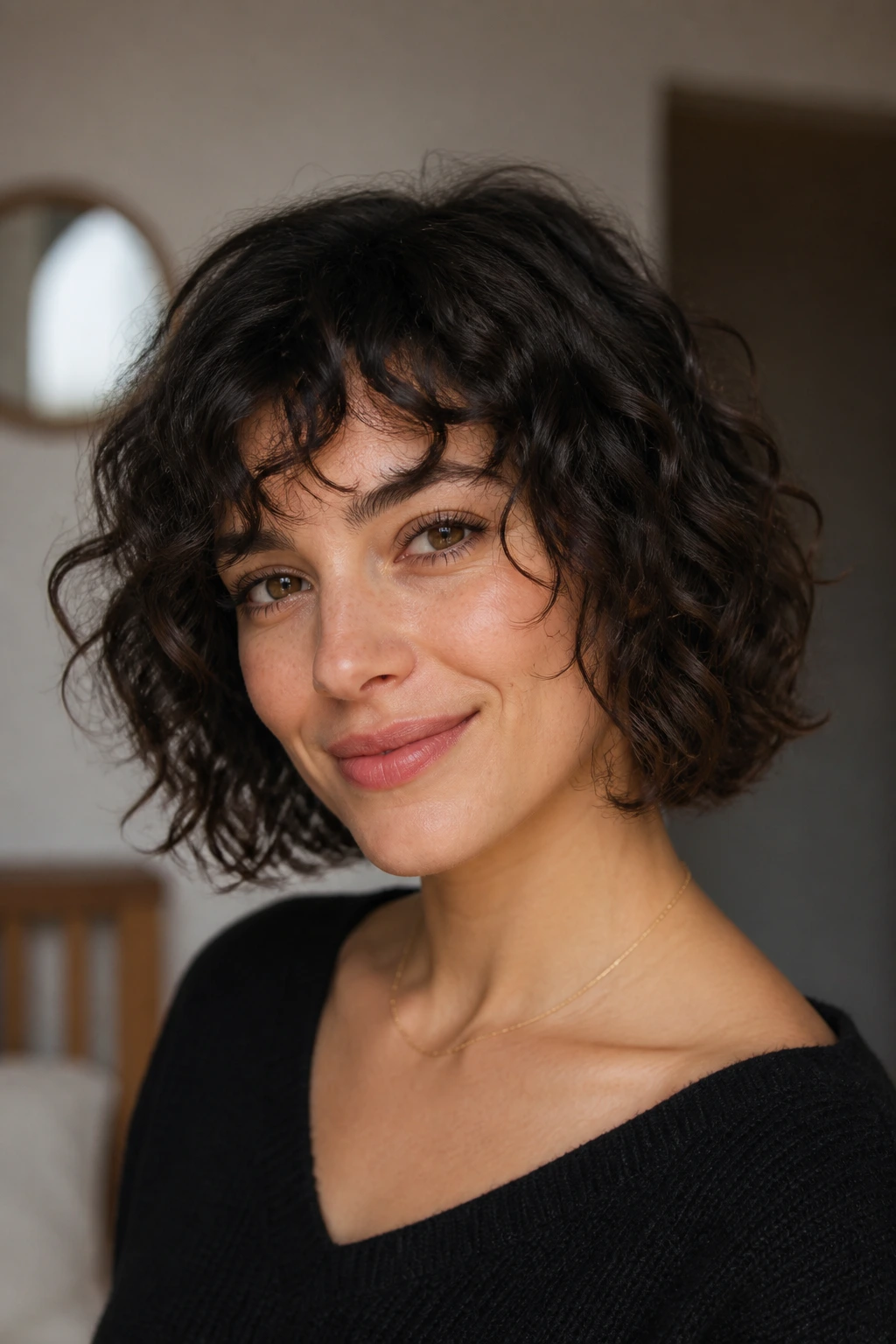 Real person with a neck-length curly cut and broken ends.