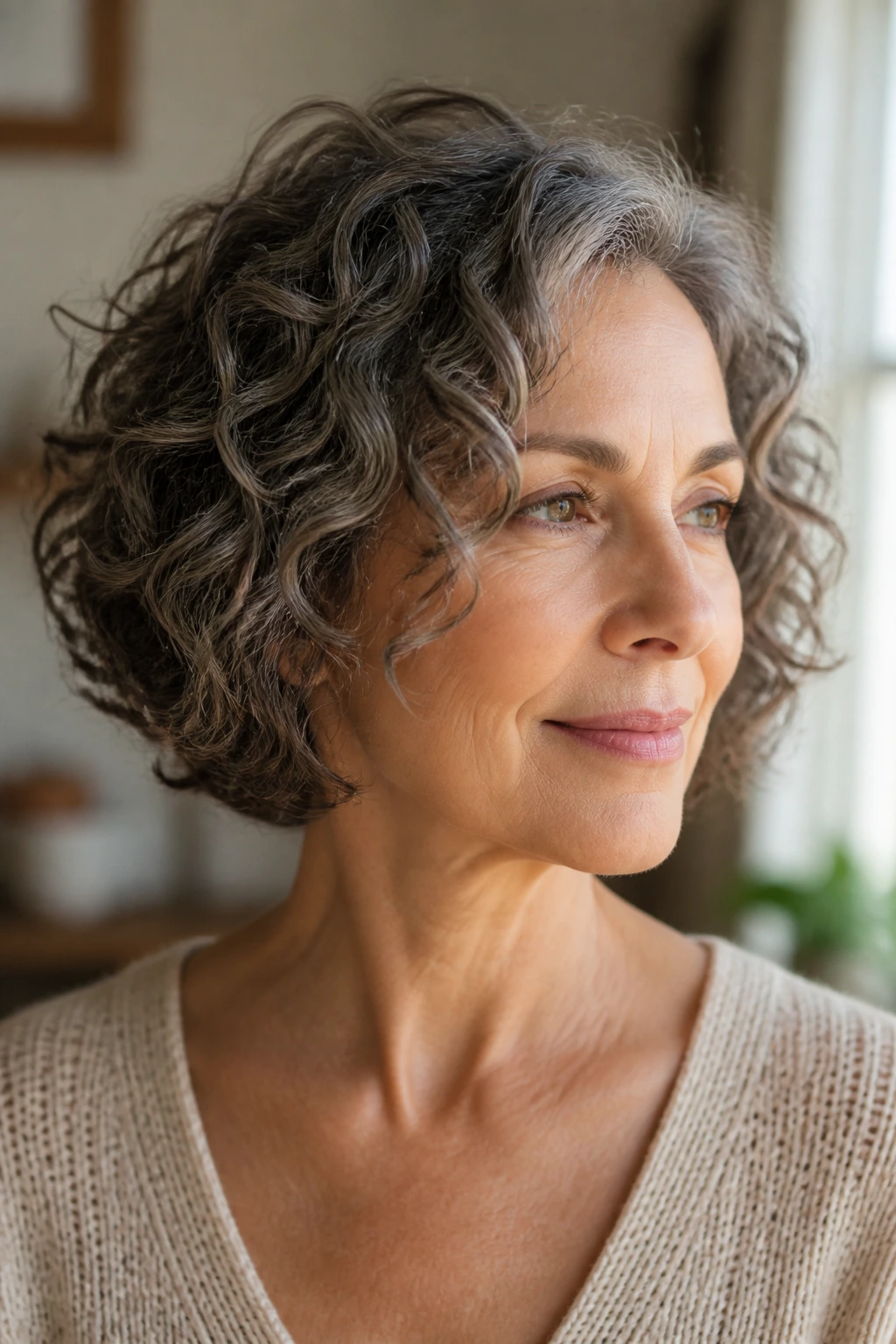 Close-up of a real woman with neck-length curly cut and soft volume