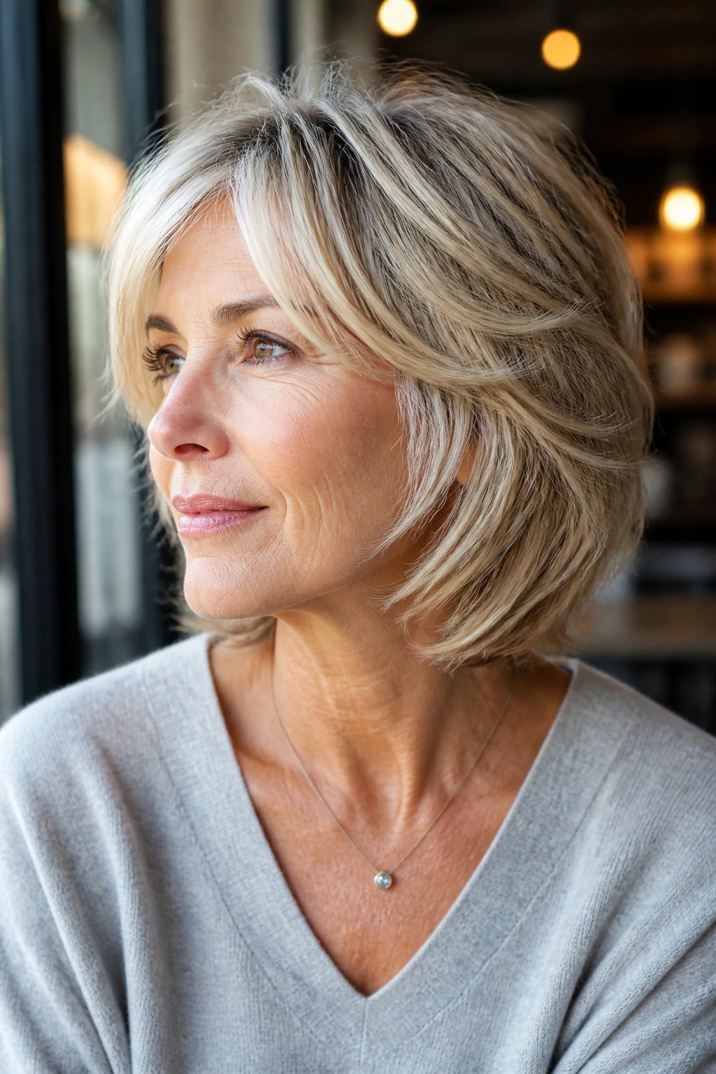 Portrait of a real woman with neck-length layered hair showing movement