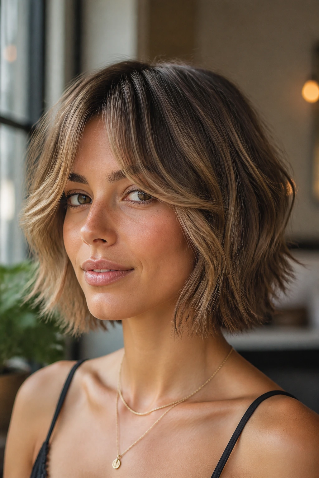 Close-up of real woman with neck-length shag bob and curtain bangs in warm window light