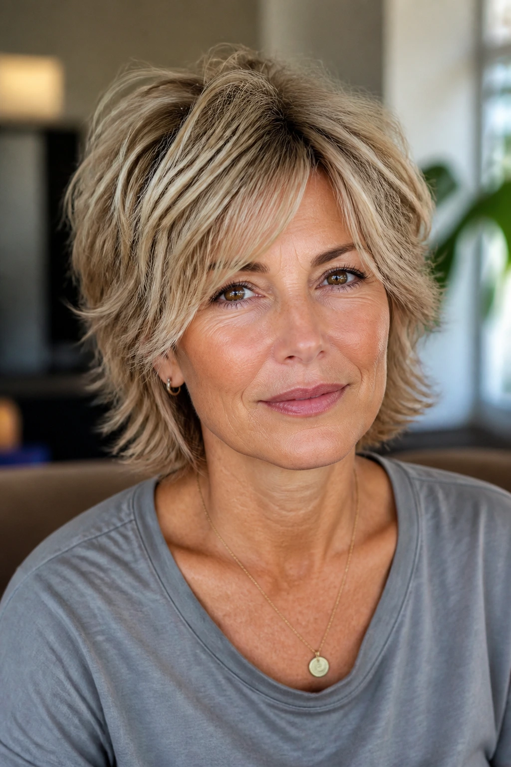 Close-up portrait of a woman with neck-length choppy shag that grazes the collar.