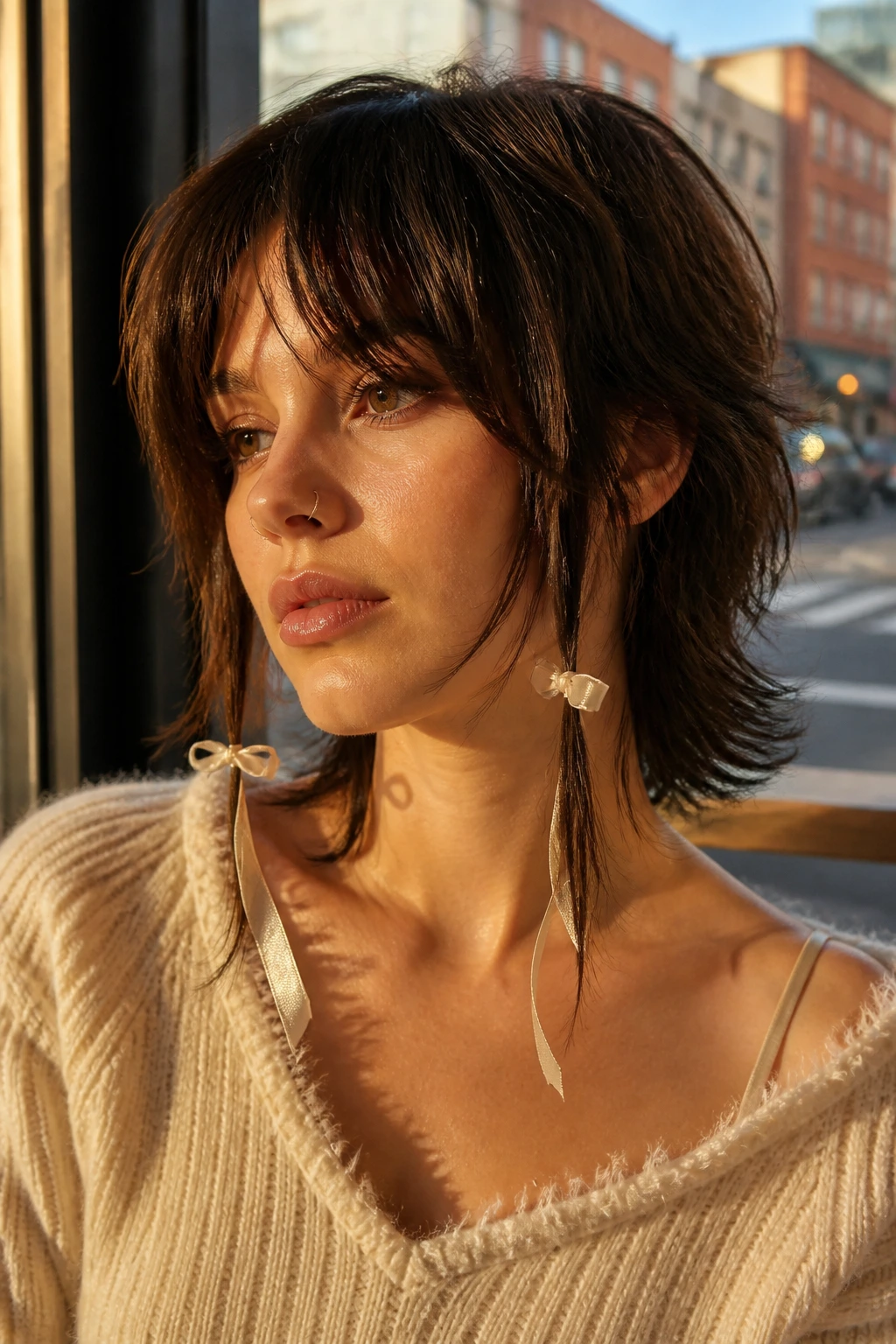 Close-up portrait of a real person with neck-length shag and face-framing ribbons