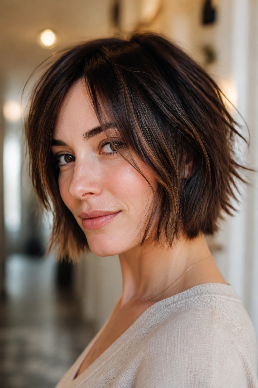 Real person with neck-length shattered bob and soft crown bend
