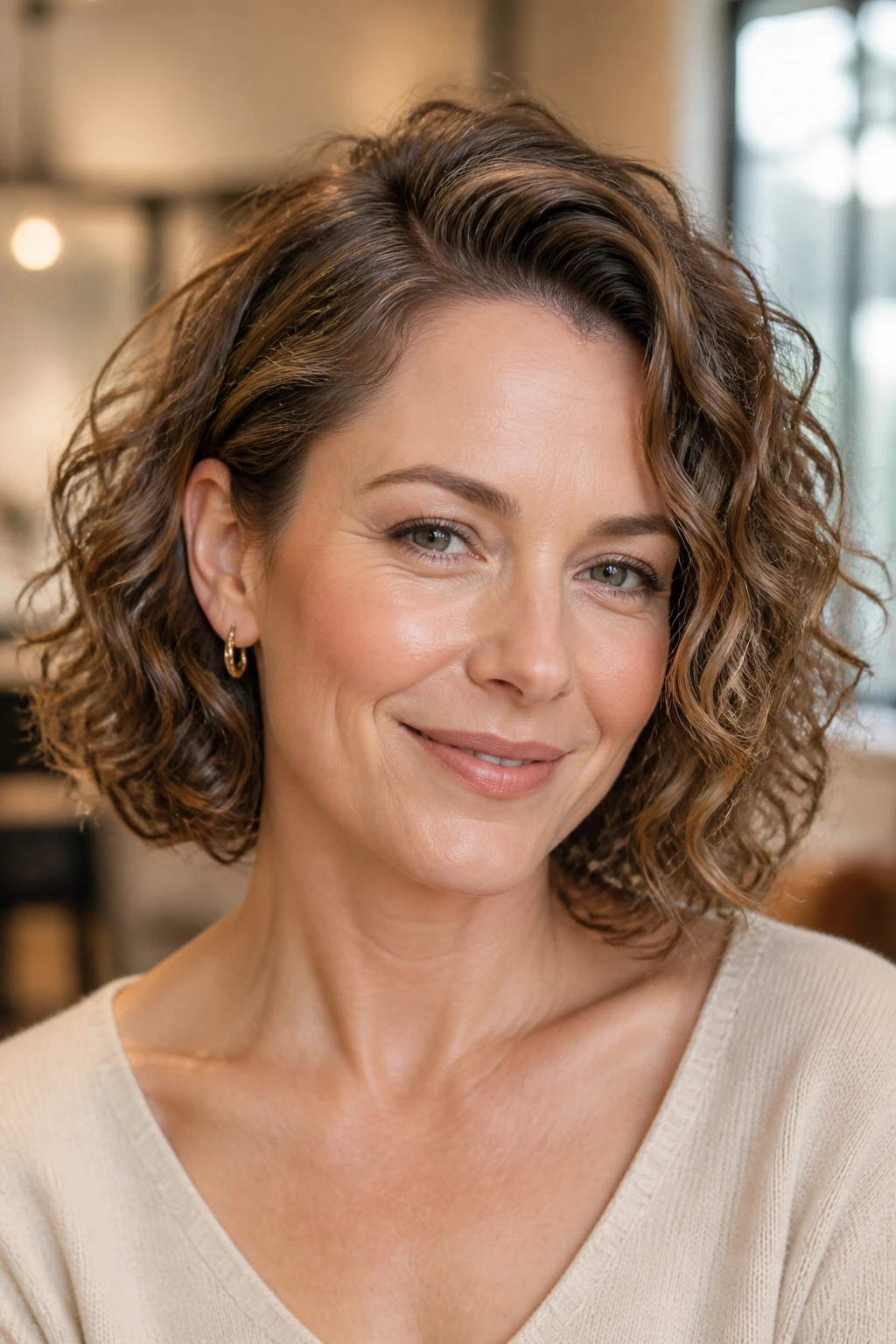 Close-up of neck-length curls with side part and light layering on a real person
