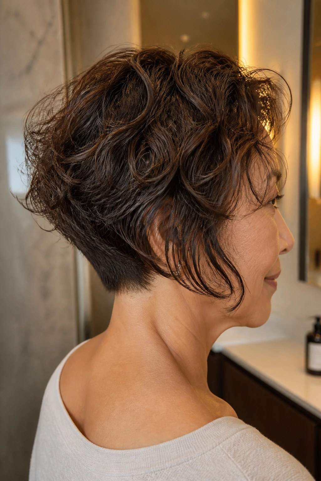 Side-profile of a real woman with neck-opening graduated lob, highlighting back lift