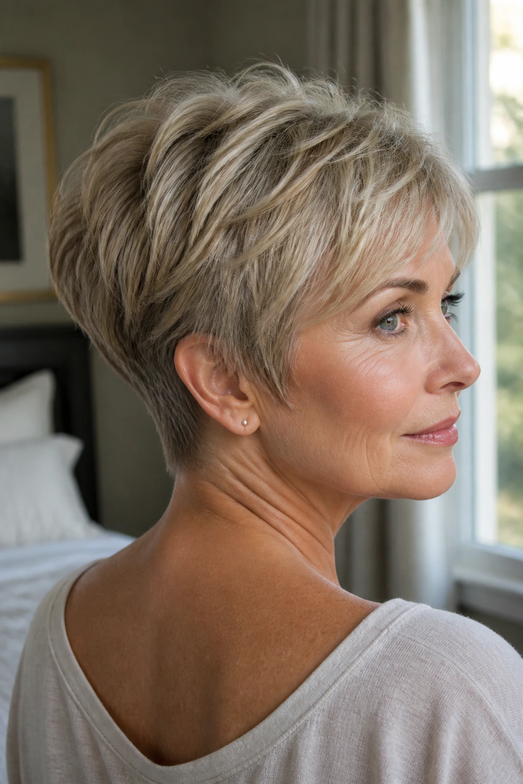 Close-up of a woman with neck-taper layered crop showing clean neckline and layered crown.