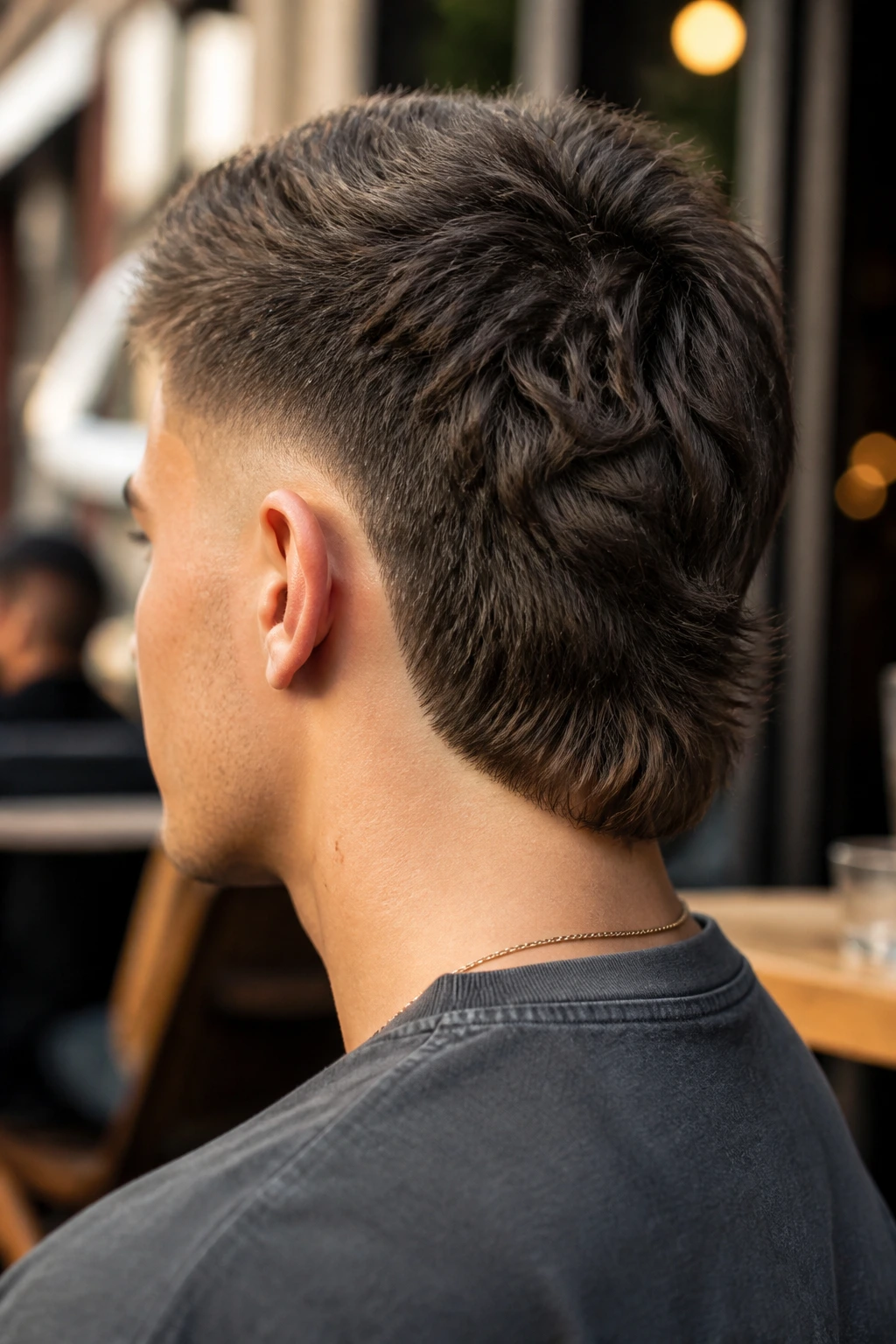 Back-of-head view of a man with a clean neck taper mullet in a street setting.