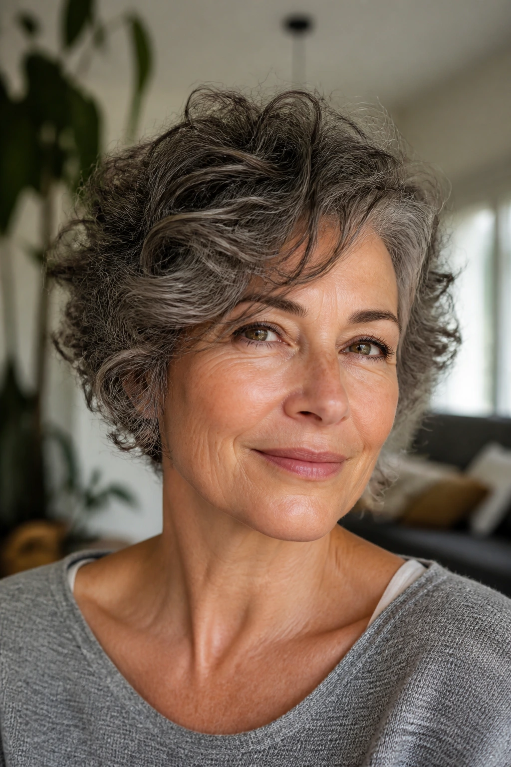 Portrait of a real woman with neck-length crop and side fringe in sunny living room