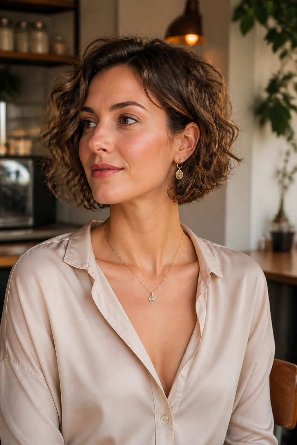 Portrait focusing on neckline and earrings with chin-length curls framing the face