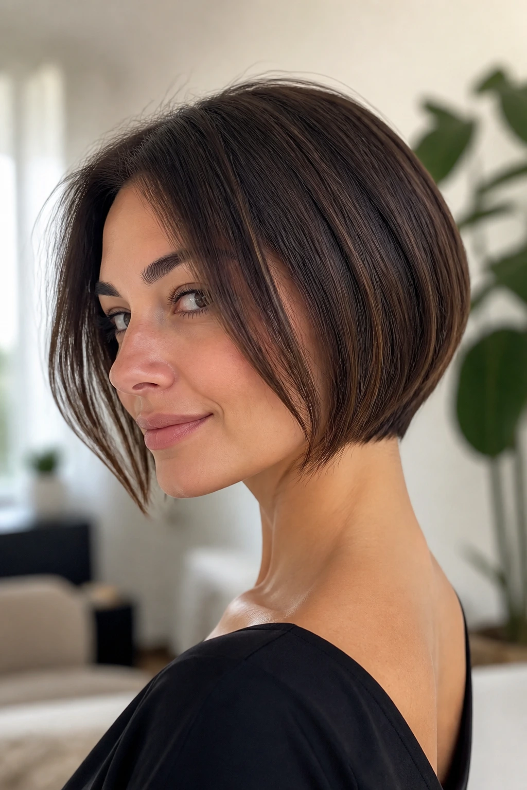 Portrait of a real person with neckline-focused bob highlighting the nape