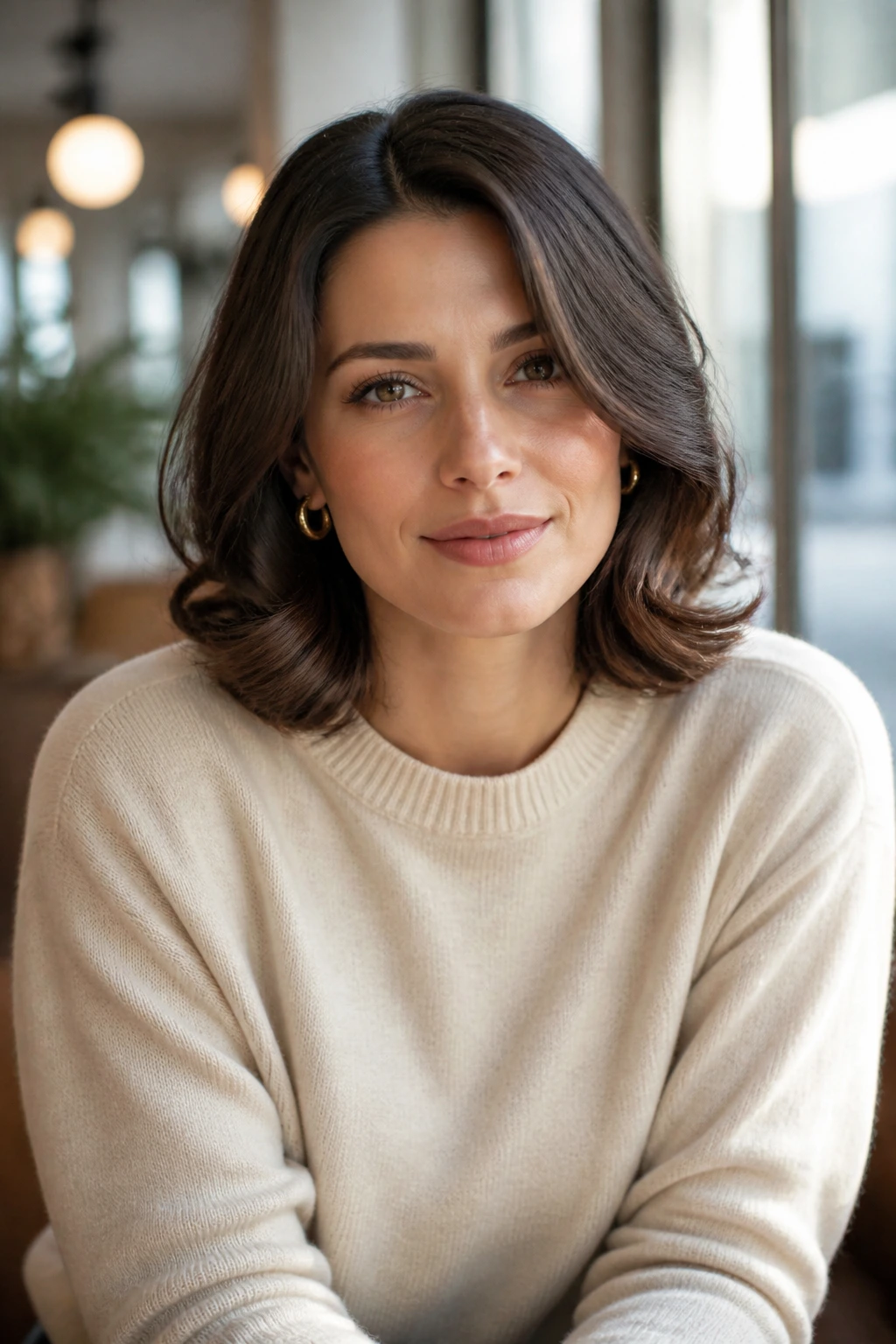 Portrait of a real woman with a polished hairstyle and crewneck sweater in soft lighting