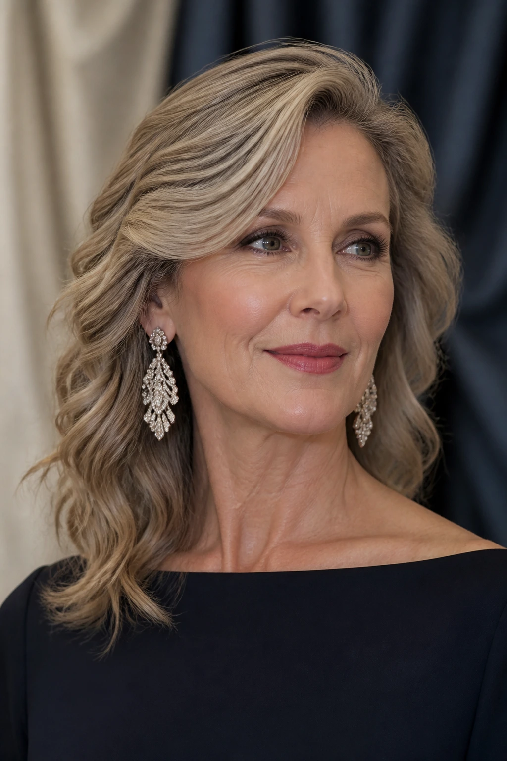 Woman with side-swept waves, boat-neck dress, statement earrings