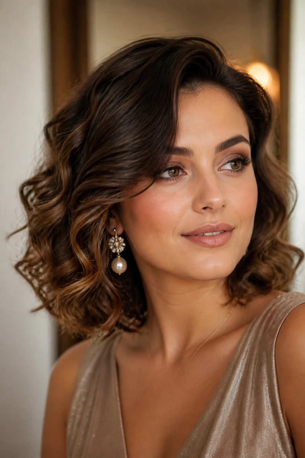 Real woman with side-swept curl paired with earrings and makeup