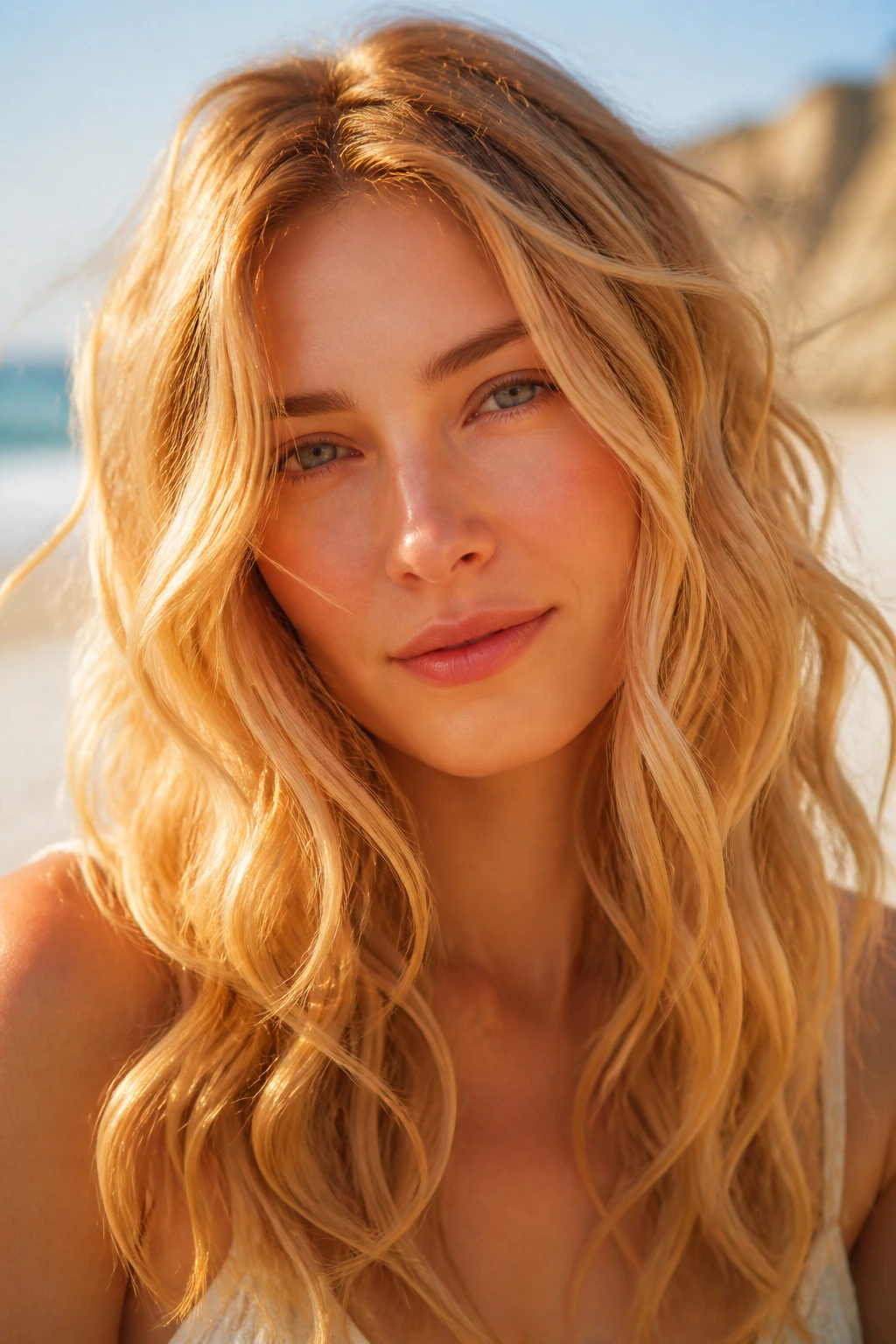 Close-up of a real woman with nectar blonde beach waves in golden hour light