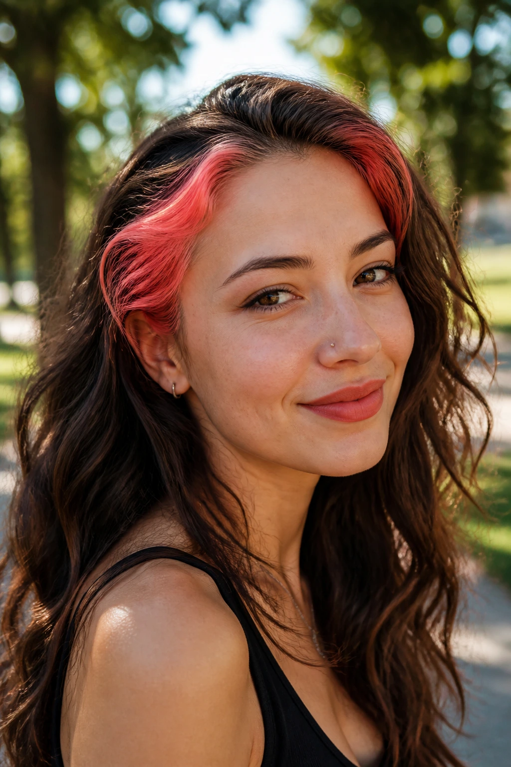 Portrait of a real woman with neon coral temple blocks in front hairline