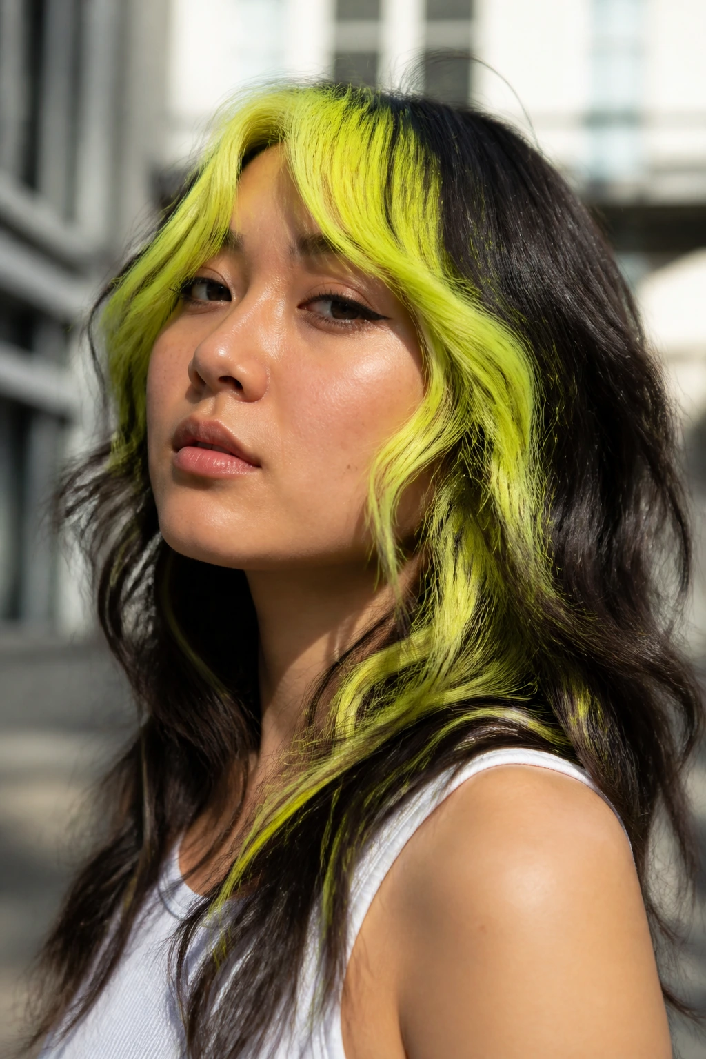 Portrait of a person with neon fringe hair in urban setting