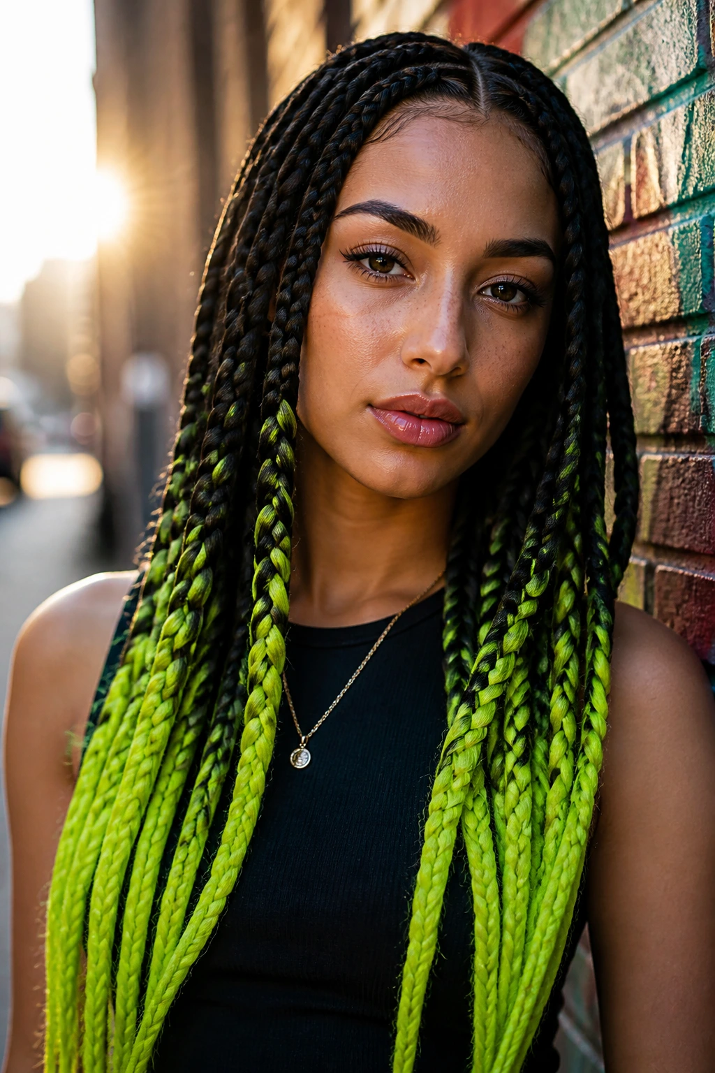 Close-up of a woman with neon-lime tip jumbo braids framing her face