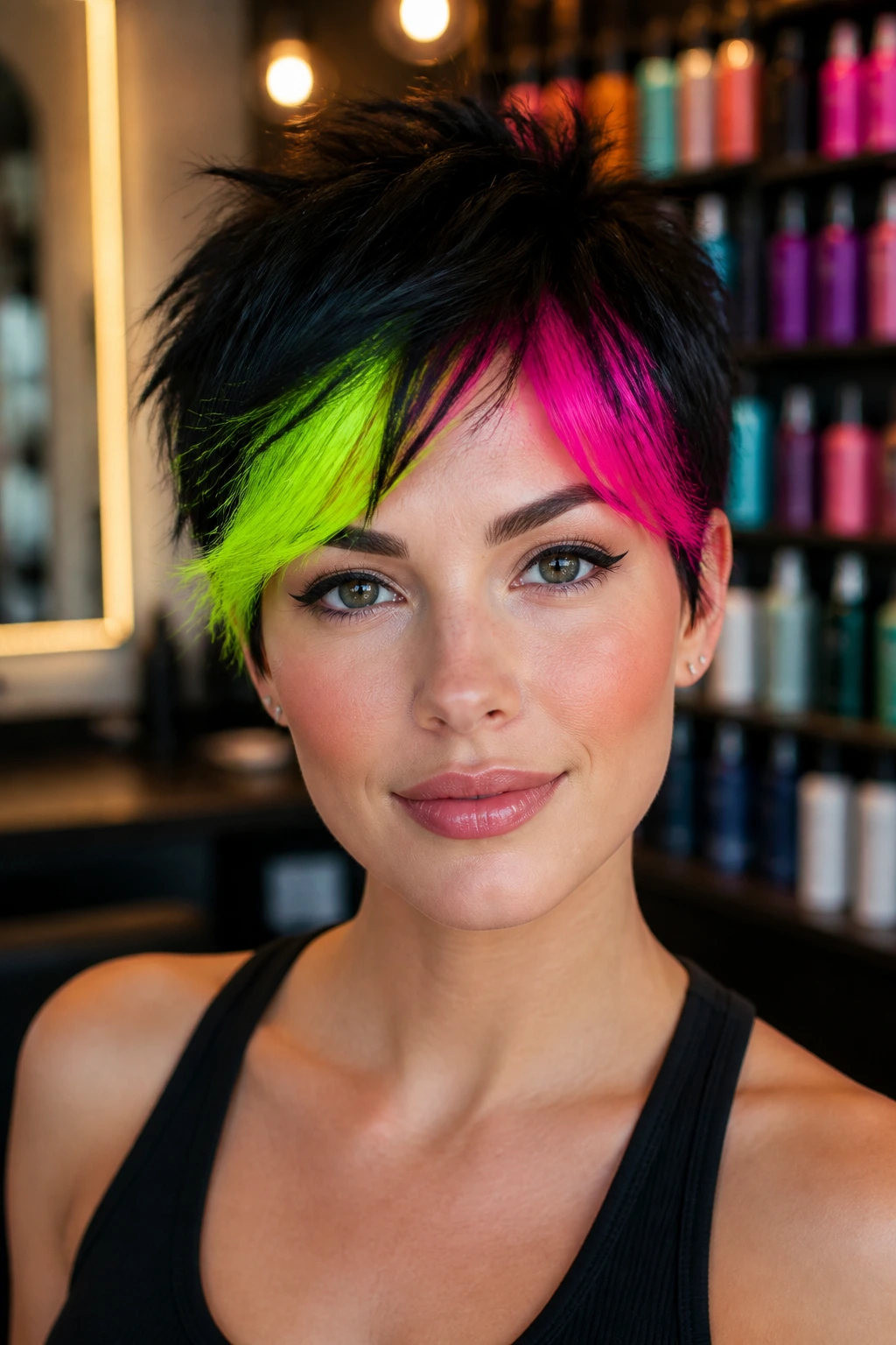 Close-up of a real person with neon money-piece pixie front pieces in acid yellow and electric pink