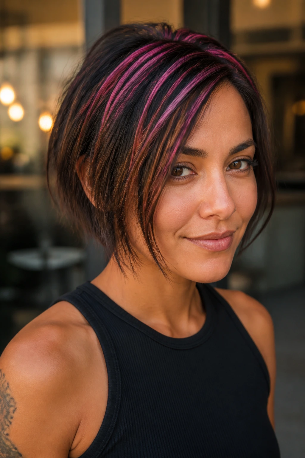 Portrait of woman with neon pink micro strips in short bob