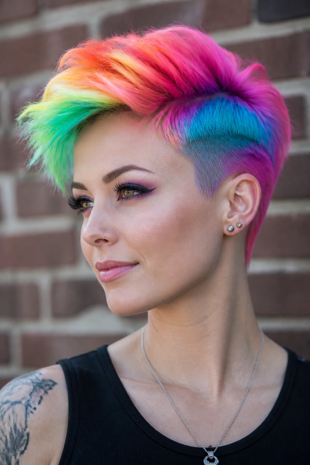 Portrait of a real person with a neon rainbow undercut pixie hairstyle.