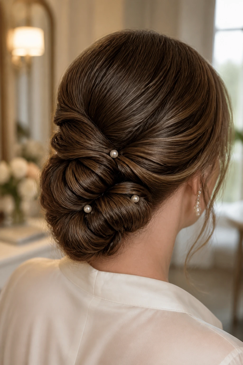 Close-up of nested knots with pearl pins at the nape on real hair