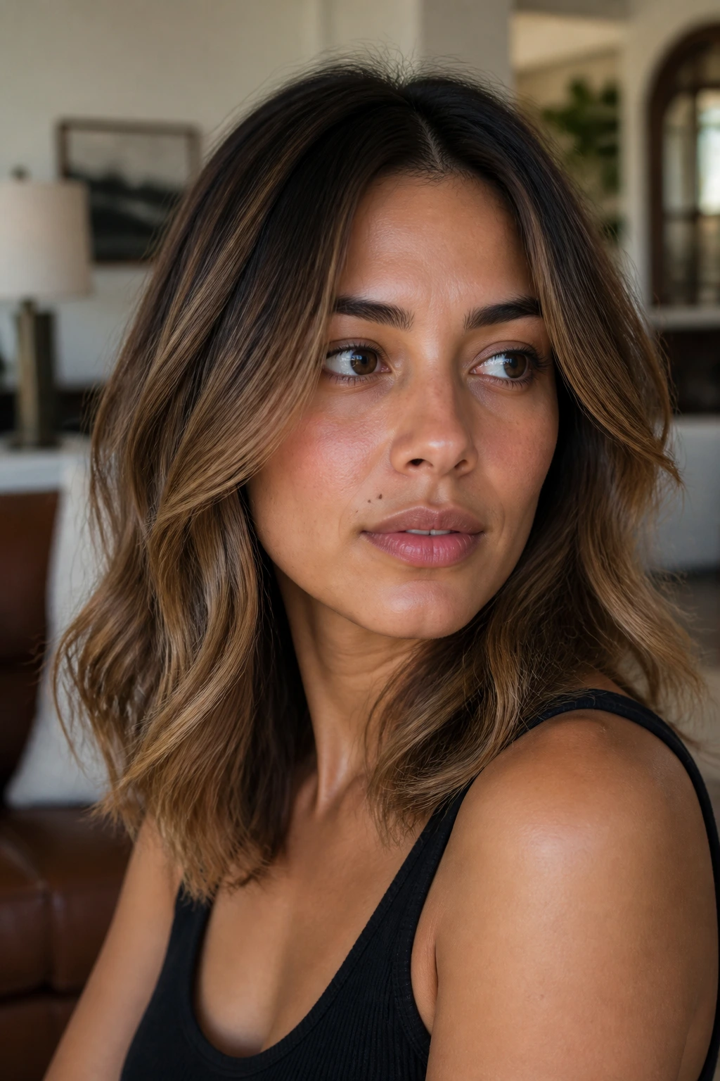 Olive-skinned woman with neutral almond highlights