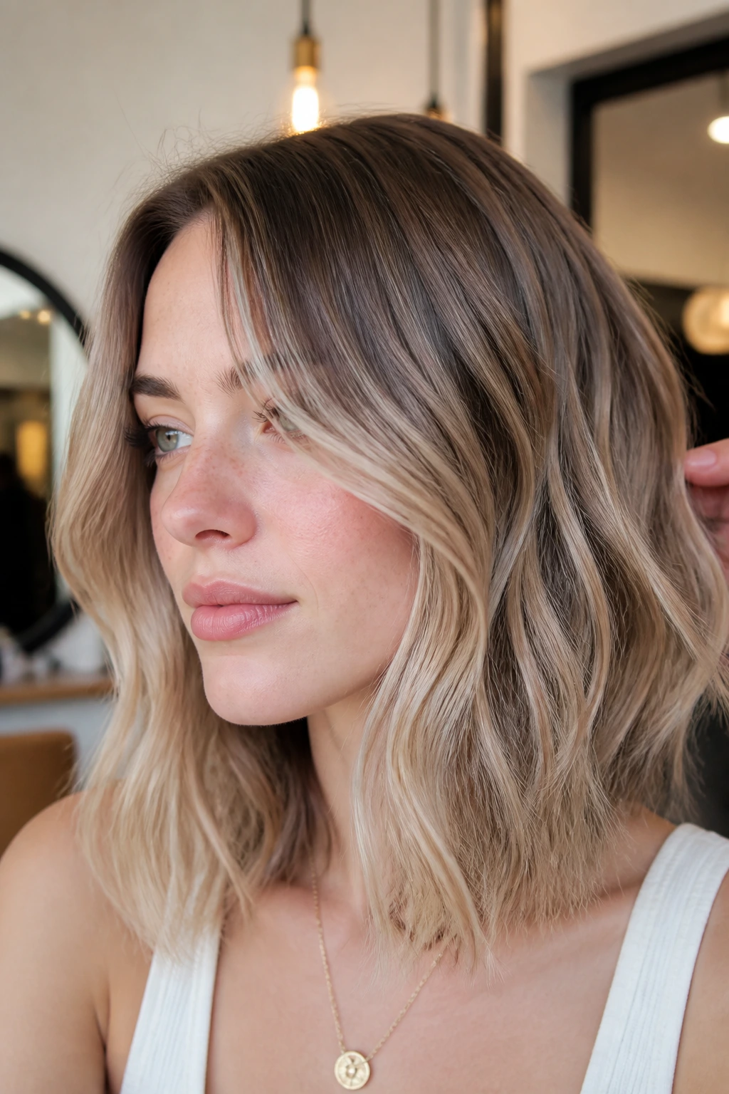 Close-up of a real woman with neutral beige balayage highlighting around the face, pale skin flattering color