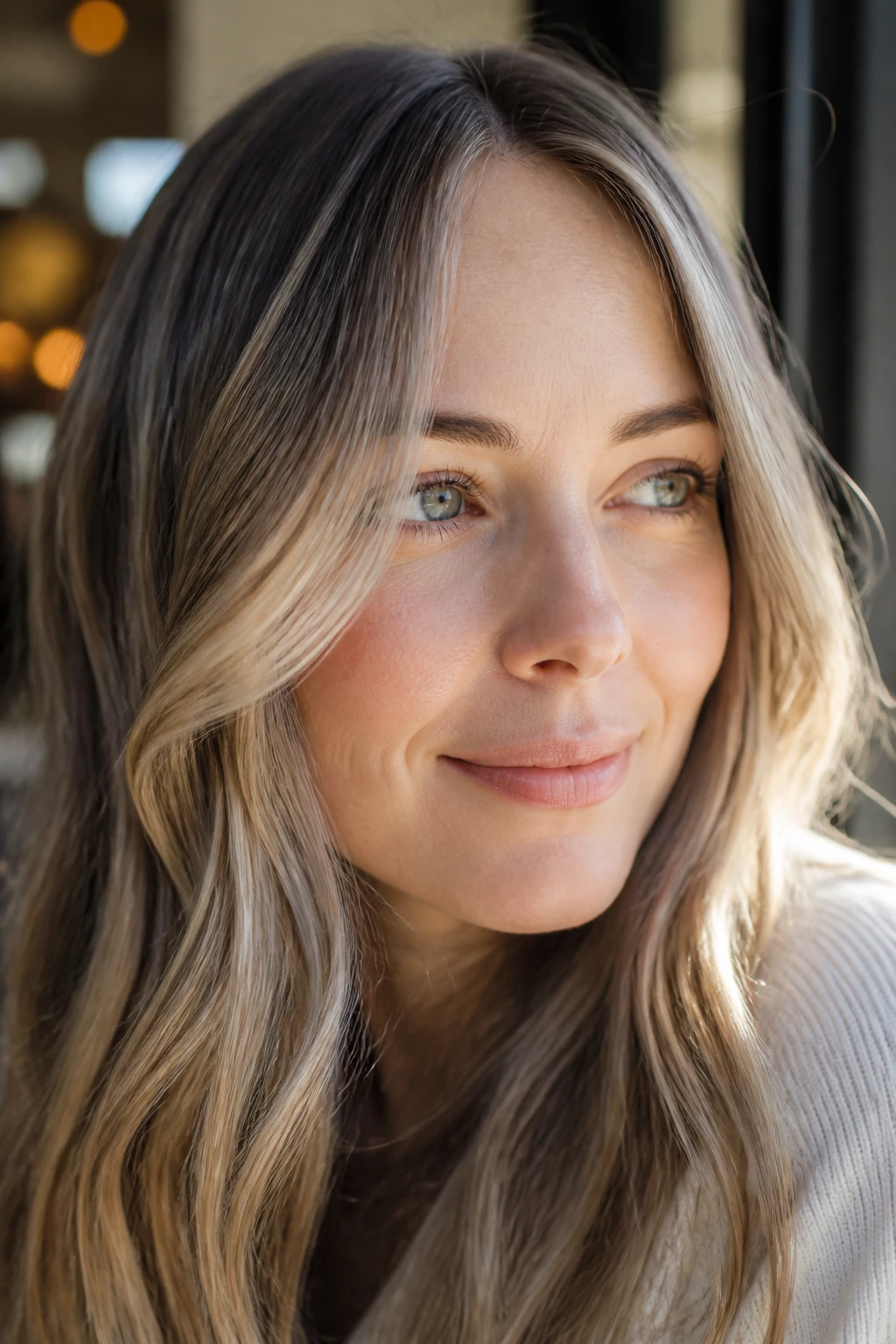 Close-up portrait of a real woman with neutral beige dimension in hair