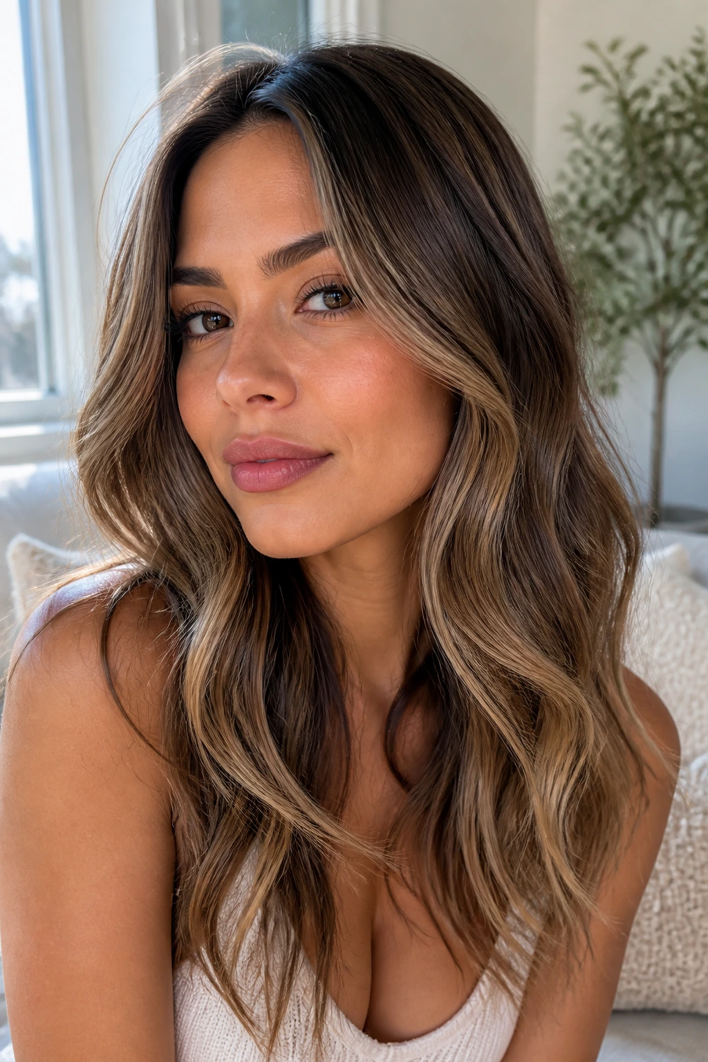 Beige sunkiss highlights on tan skin hair close-up