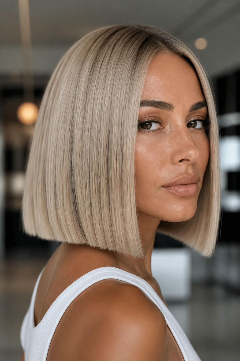 Close-up of a tan-skinned woman with a neutral beige blonde sleek blunt bob