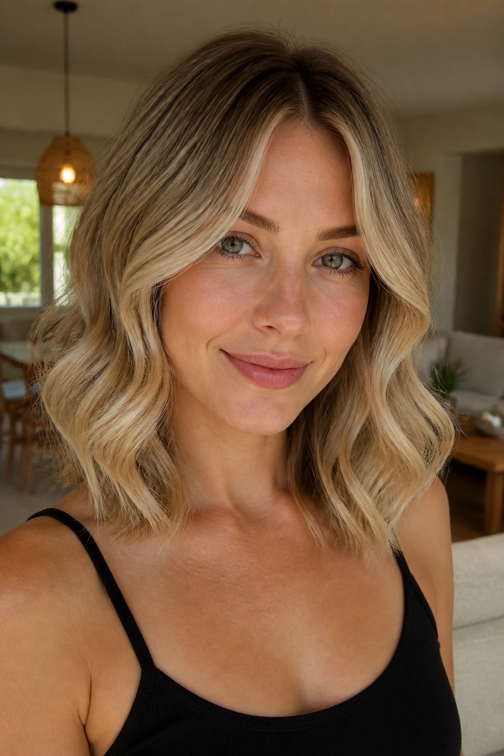 Real person with curtain bangs and loose curls in neutral blonde shade.