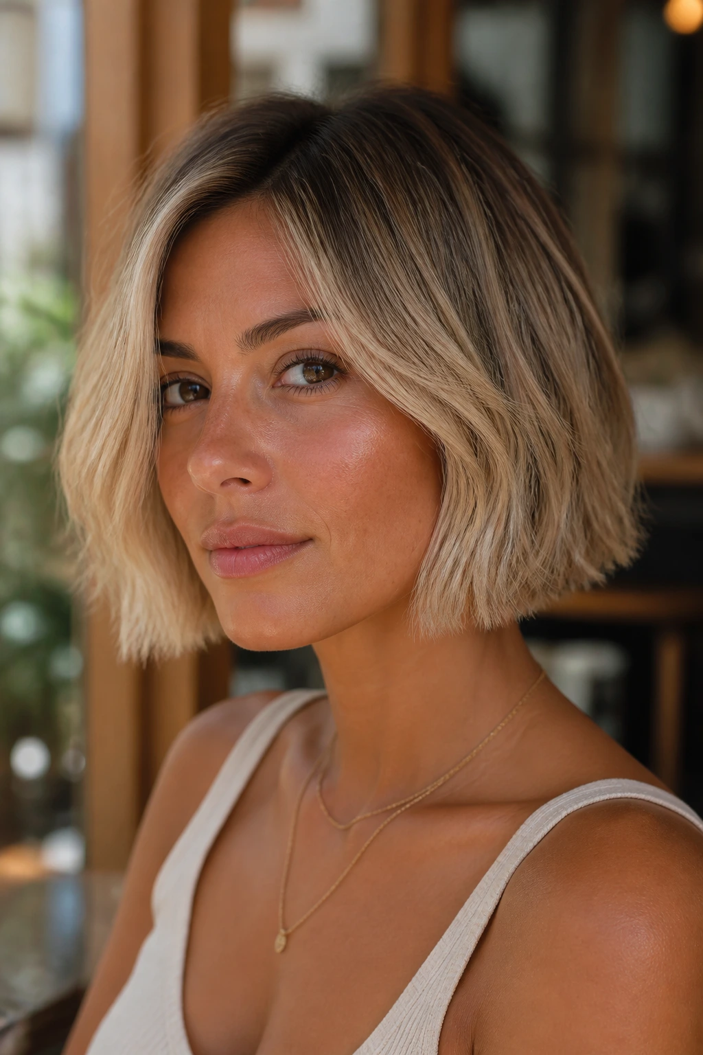Close-up portrait of a woman with a textured neutral blonde French bob framing her face.