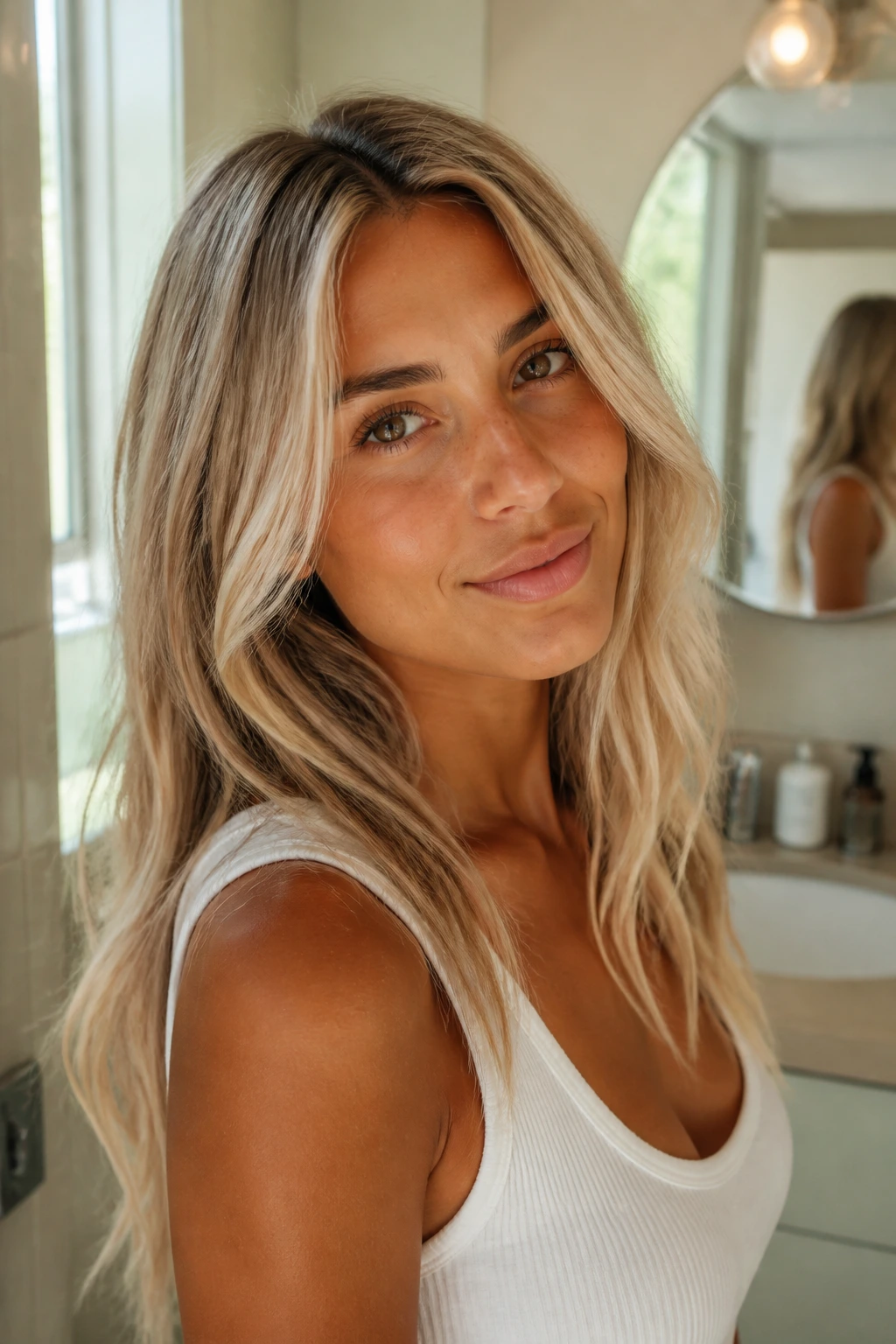 Portrait of a person with fresh neutral blonde hair in a bathroom.