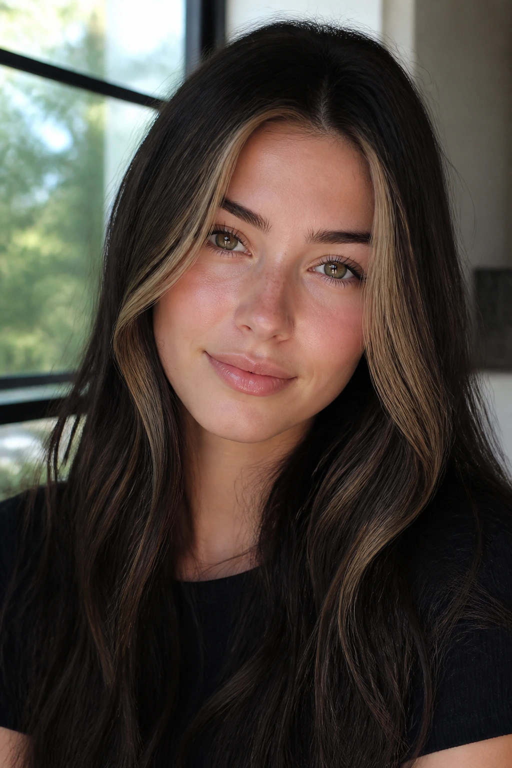 Close-up portrait of ultra-neutral caramel face frame around the hairline