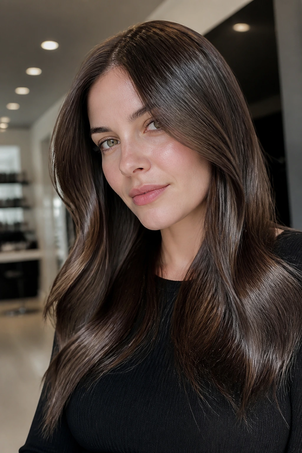 Close-up of a real person with neutral cocoa hair and mirror gloss