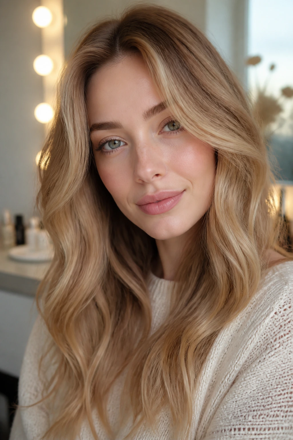 Close-up of cool pale-skinned woman with neutral honey beige balayage