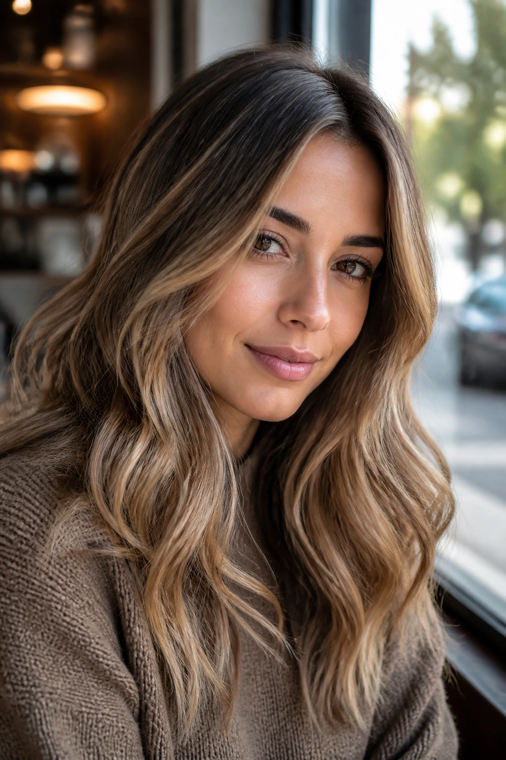 Close-up of neutral honey beige waves on dark hair with soft lighting in a cafe setting