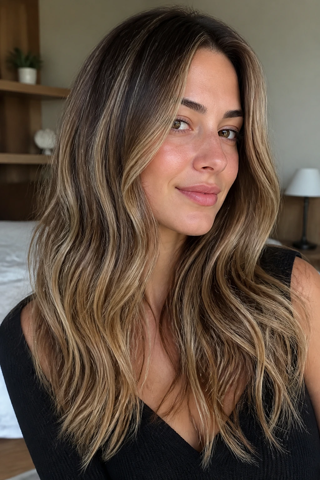 Close-up portrait of brunette with neutral linen blonde babylights