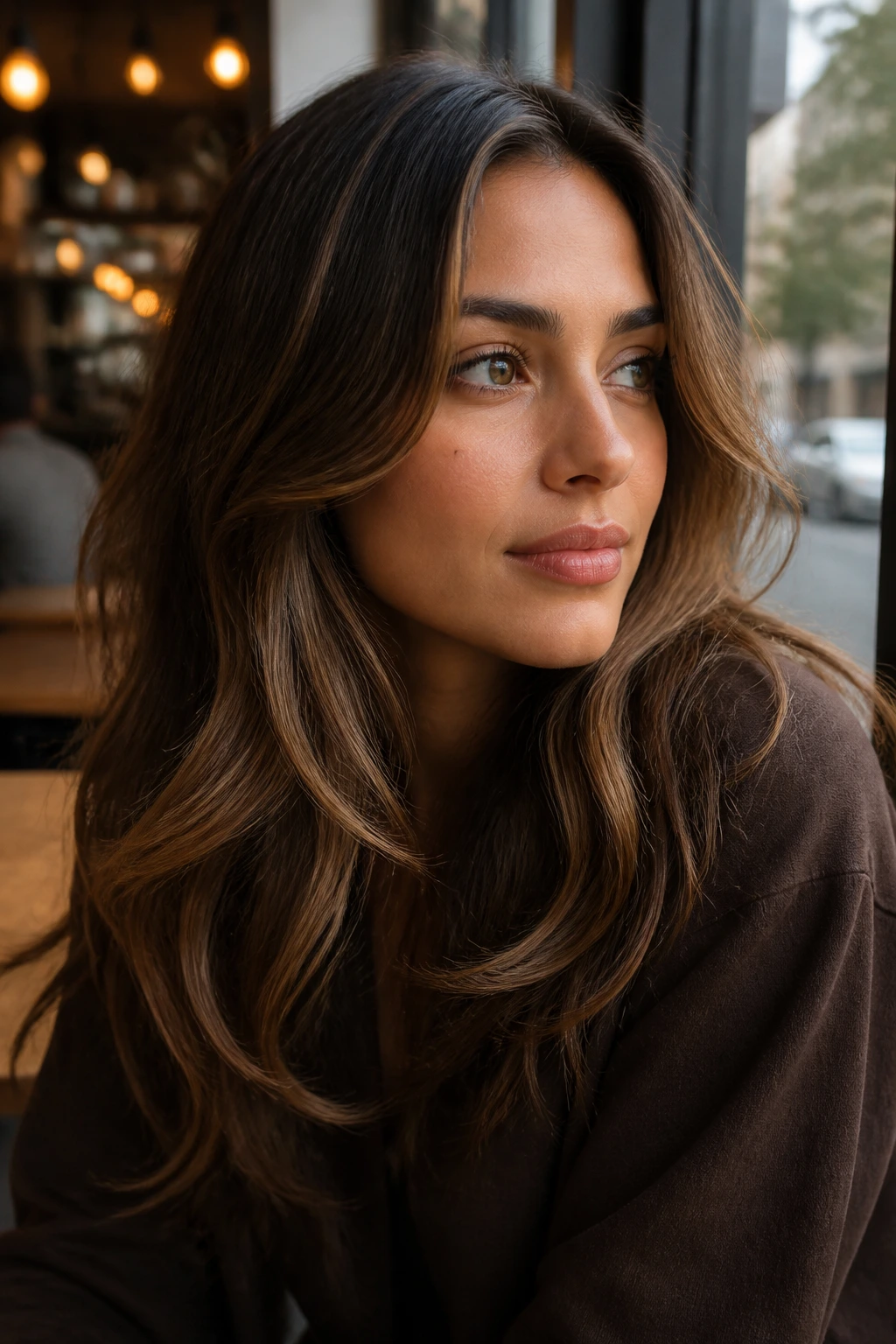 Close-up of olive-skinned woman with mocha base and sunlit lowlights