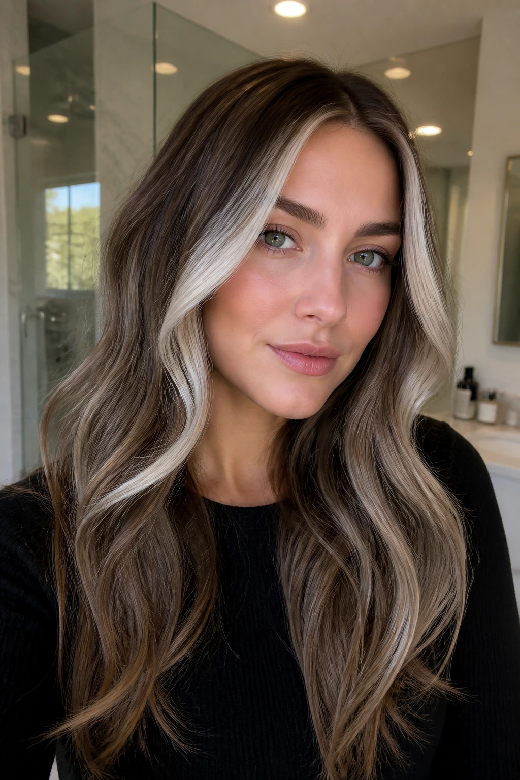Close-up of a real woman with neutral platinum face lights and brown depth.