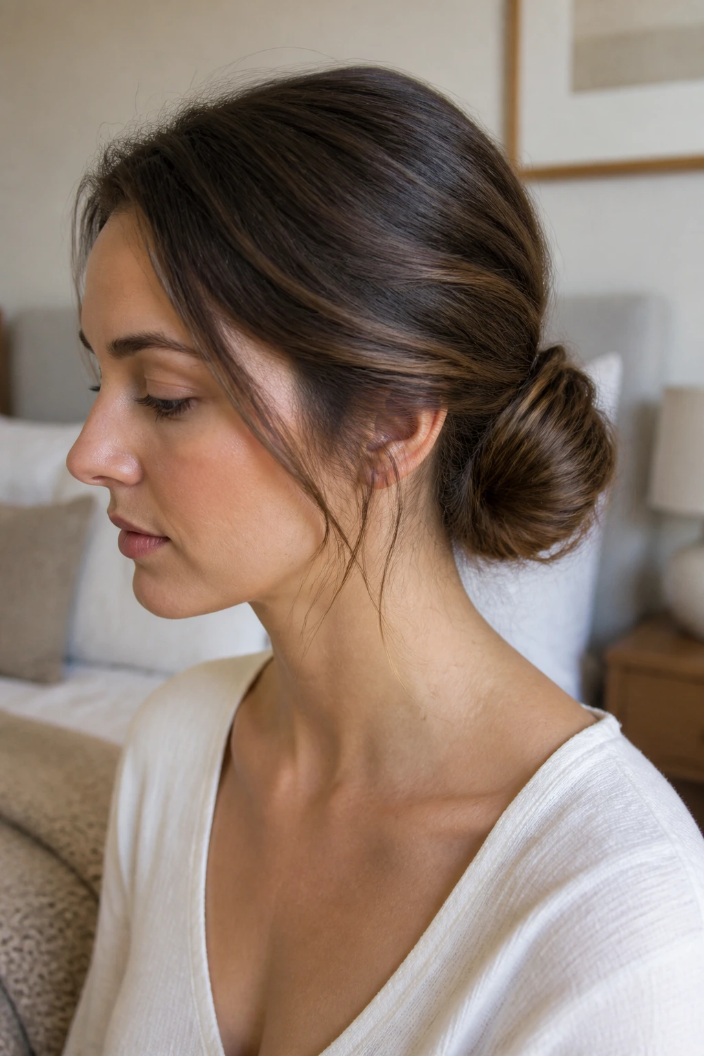 Close-up portrait of a real woman with a refreshed low bun in a cozy bedroom.