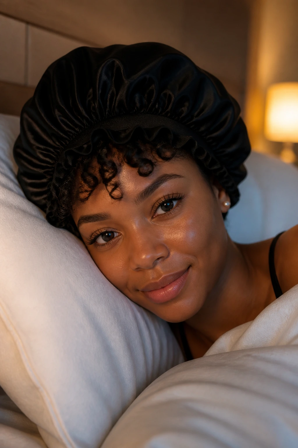 Close-up of real person with satin bonnet in bed for night care